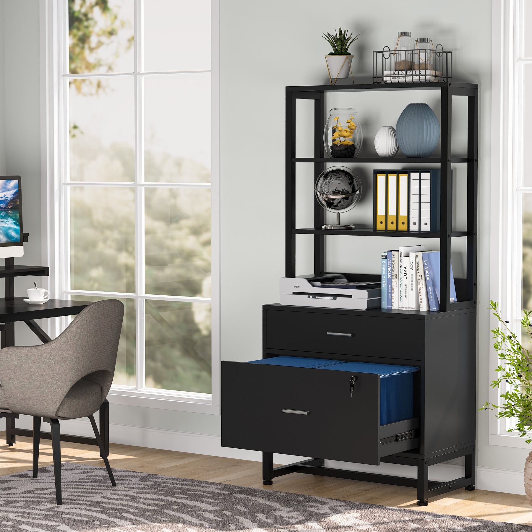 Vertical File Cabinet with 2 Drawers & Bookshelf